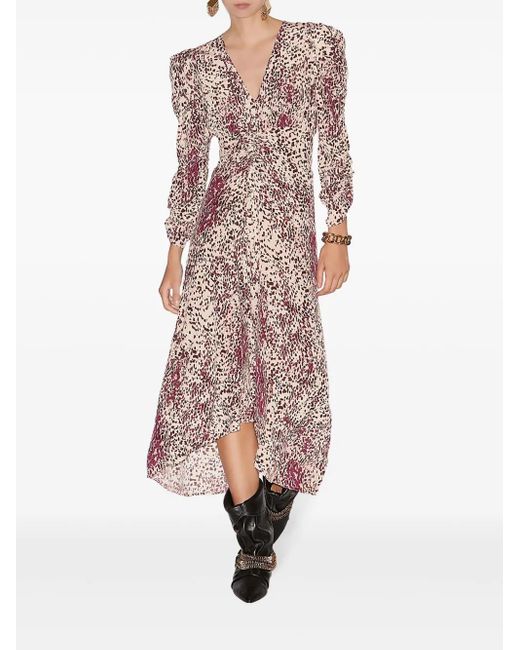 Isabel Marant Multicolor Deep V-Neck Midi Dress With Puffed Sleeves And Abstract Print