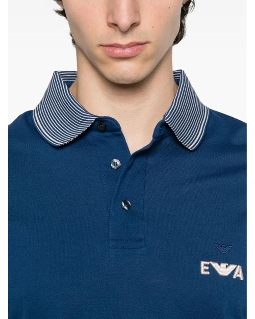 Emporio Armani Blue Eagle-Logo Striped-Collar Polo Shirt for men