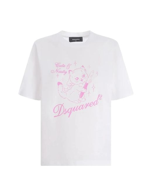 DSquared² White Cat-Print T-Shirt