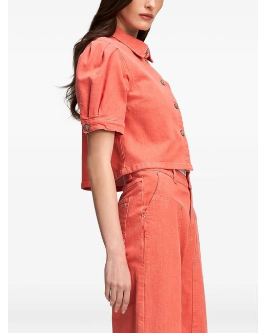 Cinq À Sept Red Puff-Sleeve Denim Top