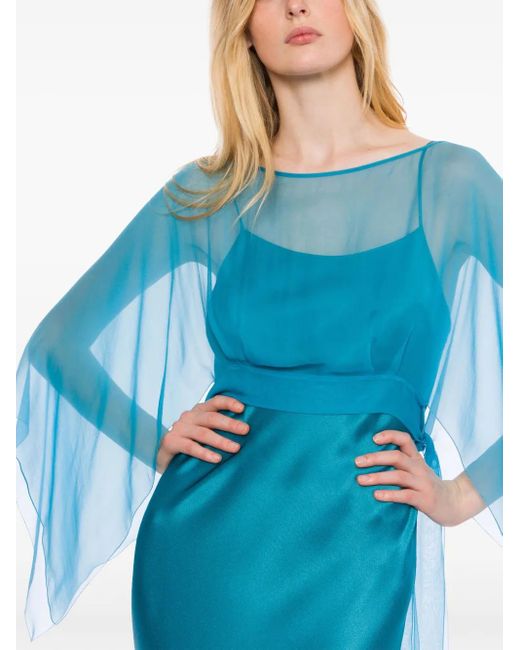Alberta Ferretti Blue Long Satin Dress With Removable Chiffon Cape Top