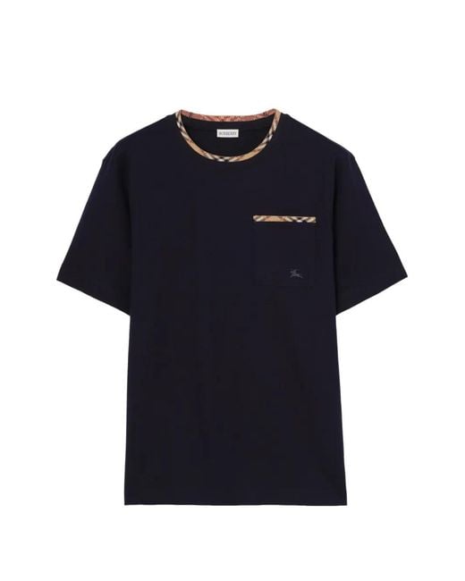 Burberry Blue Check Trim Cotton T-Shirt for men