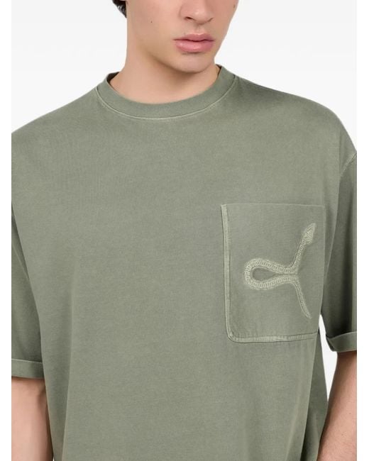 Roberto Cavalli Green Snake-Embroidered T-Shirt for men