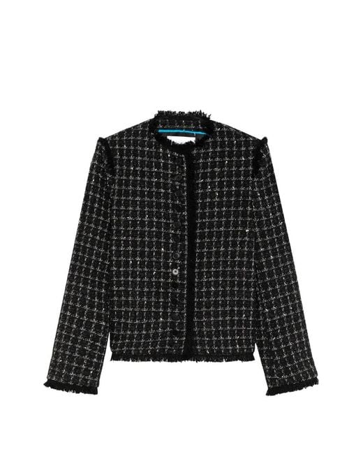 MSGM Black Bouclé-Tweed Frayed Jacket