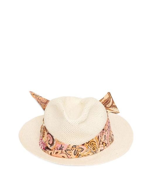 Liu Jo Natural Paisley-Print-Foulard Straw Fedora Hat