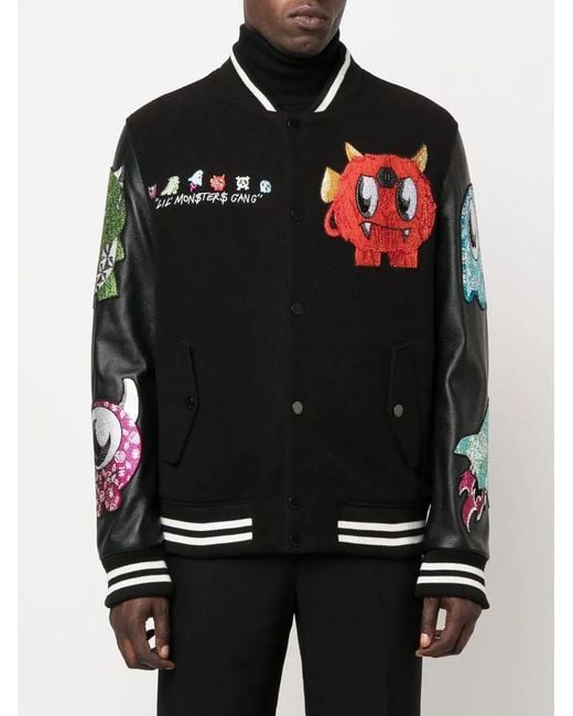 Philipp Plein Black Patch-Detail Varsity Jacket for men
