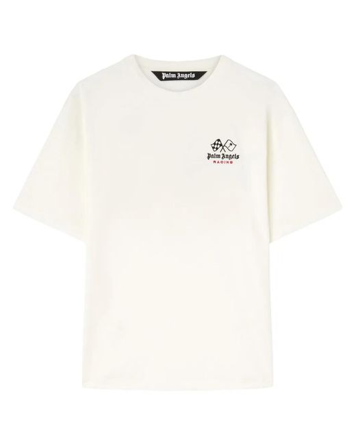 Palm Angels White Racing Graphic-Print Cotton T-Shirt for men
