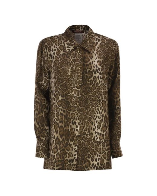 Max Mara Green Leopard-Print Silk Shirt