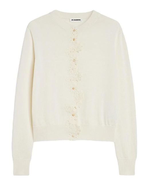 Jil Sander White Cardigan À Fleurs En Crochet