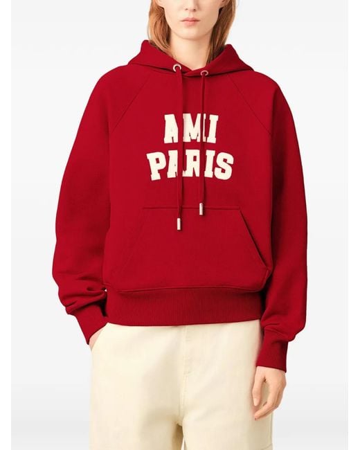 AMI Red Cotton Hoodie With Embroidery