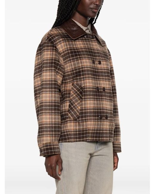 Sandro Brown Checked Leather-Collar Jacket