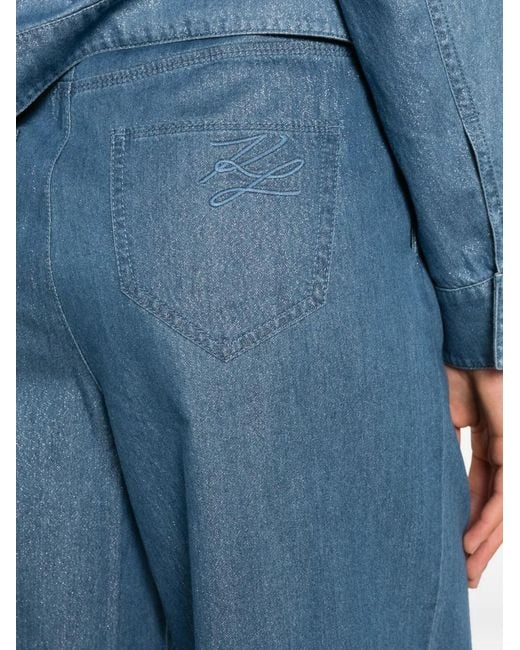 Karl Lagerfeld Blue Shiny-Finish Wide-Leg Jeans