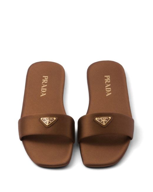 Prada Brown Triangle-Logo Satin Slides