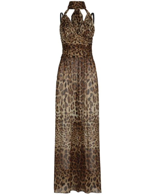 Dolce & Gabbana Natural Leopard-print Halterneck Silk Gown
