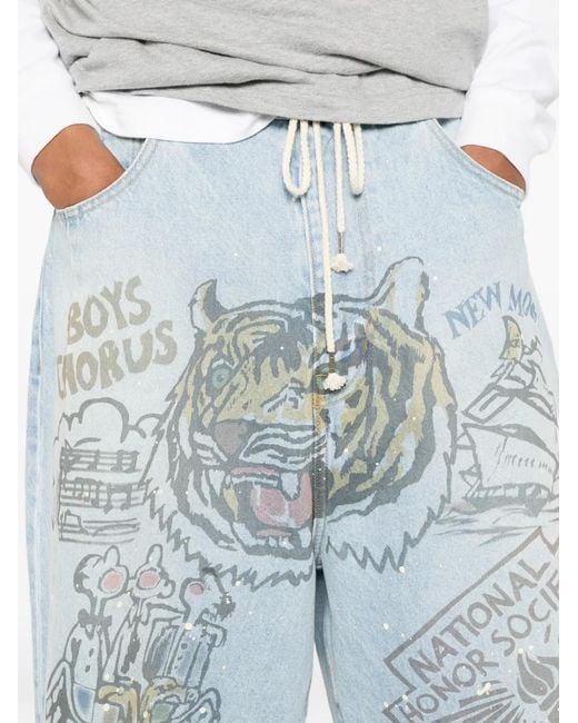 Secnd Slf Blue Graphic-Print Raw-Cut Shorts for men