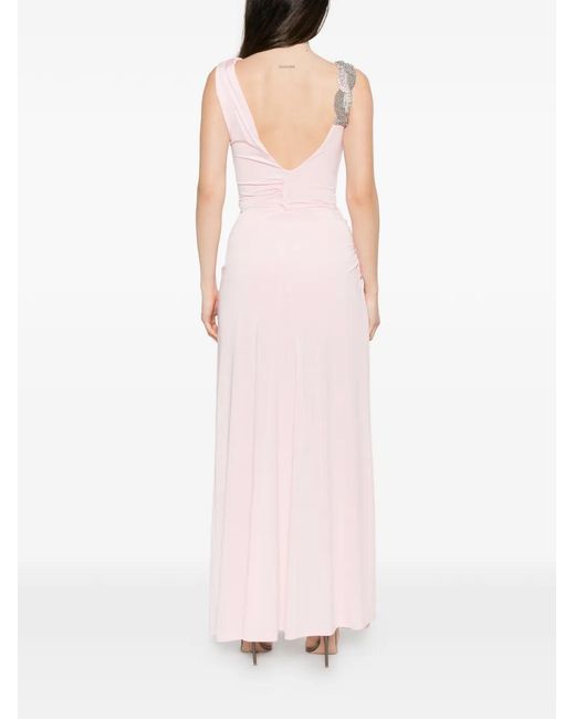Amen Pink Robe Longue Asymétrique À Fronces Et Cristaux