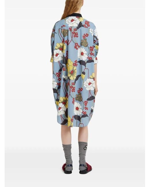 Marni Jurk Met Gestrikte Hals En Bloemenprint in het Blue