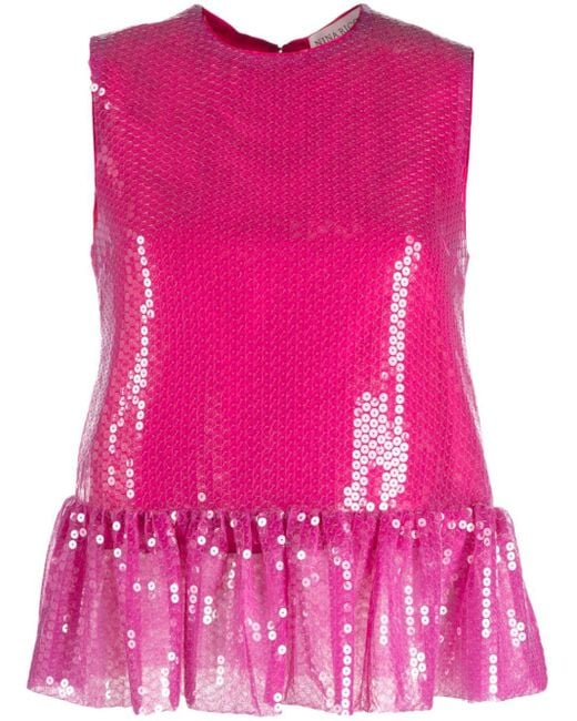 Nina Ricci Pink Sequin-embellished Ruffle-hem Top