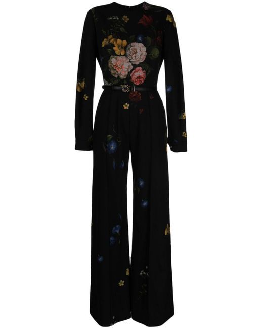 Elie Saab Black Floral-print Silk Jumpsuit
