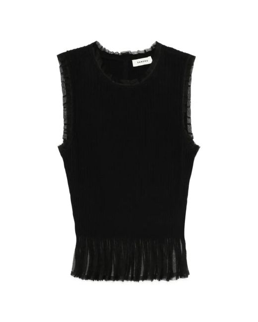 Sandro Black Ruffled Ottoman Knit Top