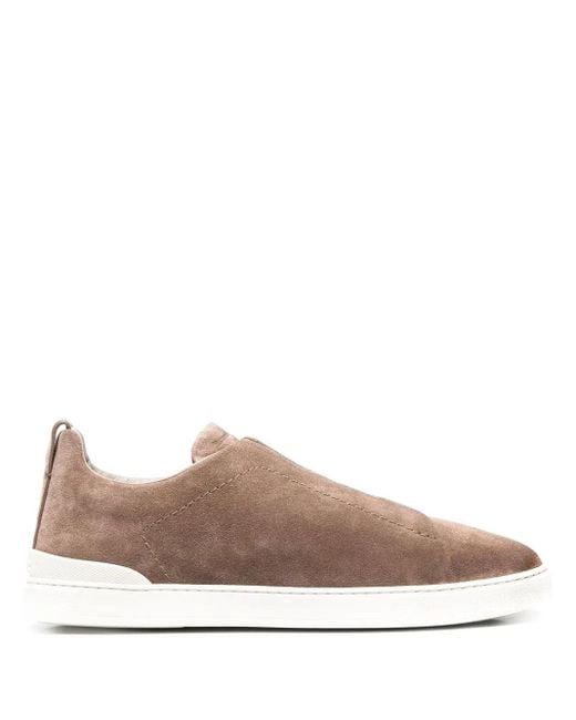 Zegna Brown Triple Stitch Slip-On Sneakers for men