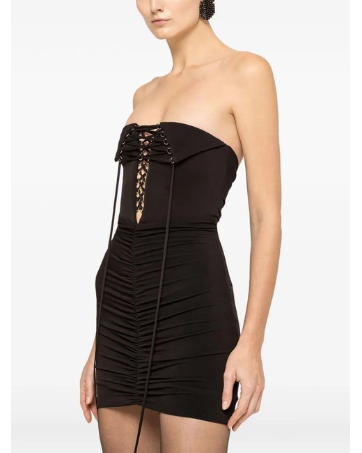Nissa Black Ruched Lace-Up Mini Dress