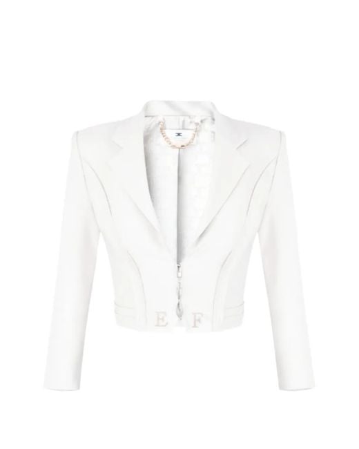 Elisabetta Franchi White Chain-Detail Cropped Blazer