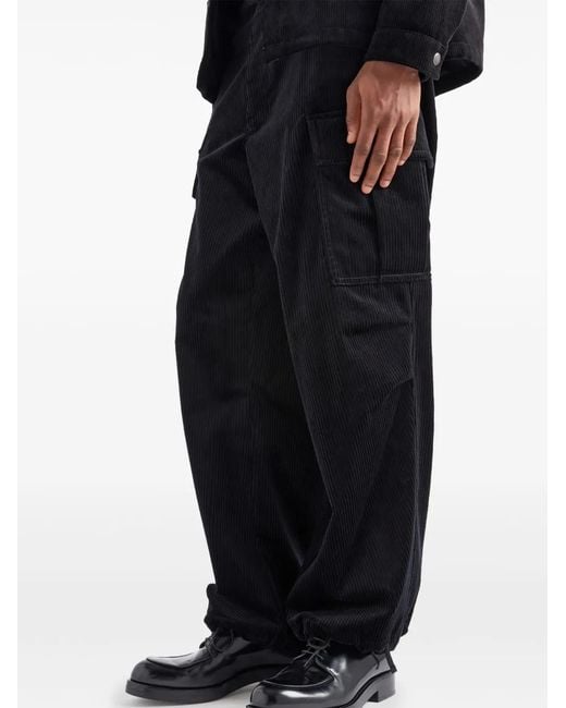 Prada Black Wide-Leg Corduroy Cotton Cargo-Pocket Trousers for men