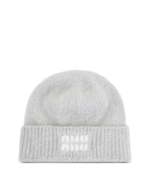 Miu Miu White Logo-Detail Beanie Hat