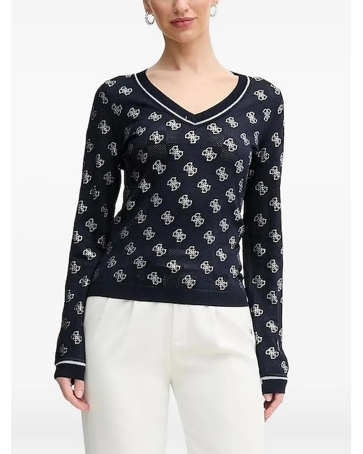 Guess Blue 4G Logo-Pattern V-Neck Sweatshirt