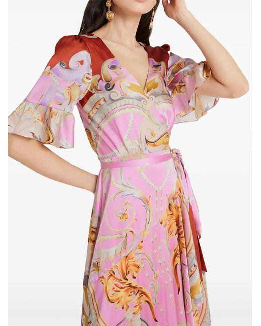 Temperley London Pink Carline-Print Silk Wrap Dress