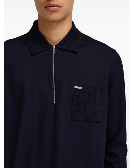 Ferragamo Blue Zip Long-Sleeved Polo Shirt for men