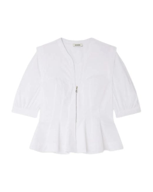 Sandro White Zip-Up Peplum Shirt