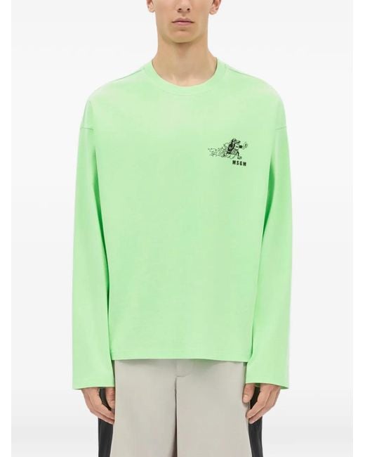 MSGM Green Long-Sleeved Print T-Shirt for men