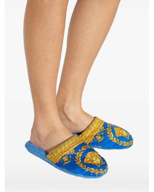 Versace Blue Medusa Barocco-Print Slippers