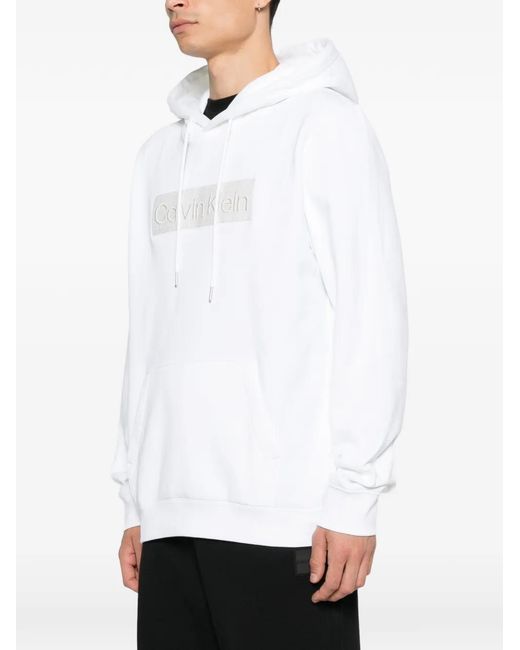 Calvin Klein White Logo-Patch Drawstring Hoodie for men