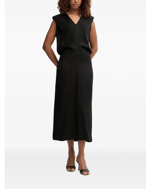 Trussardi Black Padded-Shoulder V-Neck Midi Dress
