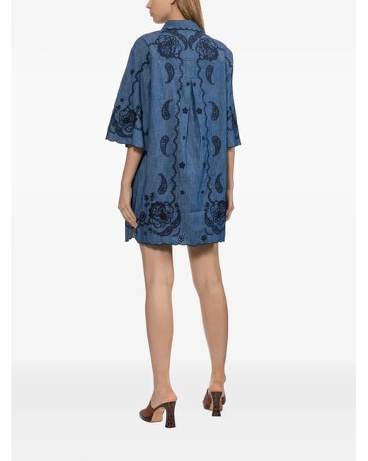 Zimmermann Blue Paisley-Embroidered Scalloped-Edge Dress