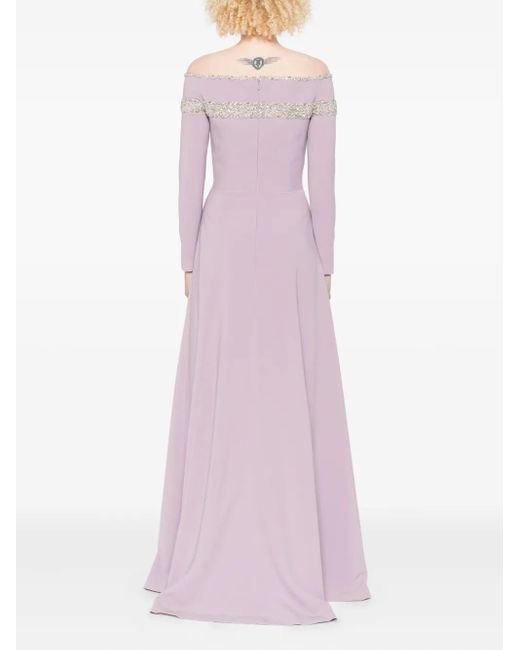 Dina Melwani Purple Embellished Off-Shoulder Dress