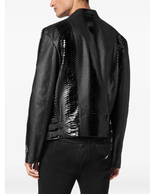 Philipp Plein Black Python Leather Biker Jacket for men