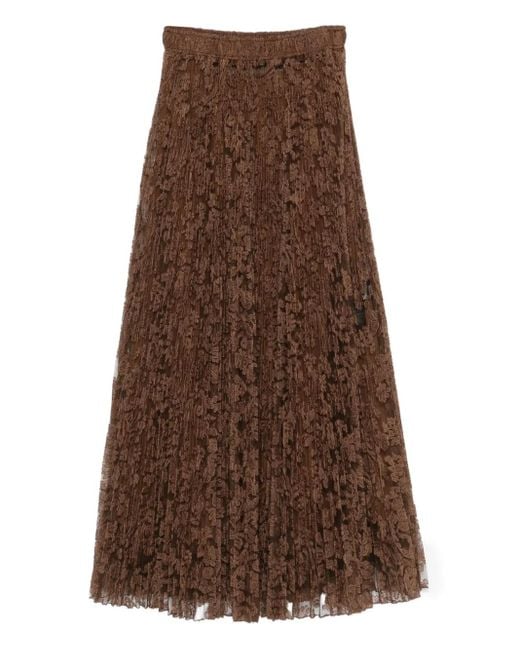 Ermanno Scervino Brown Pleated Lace Midi Skirt