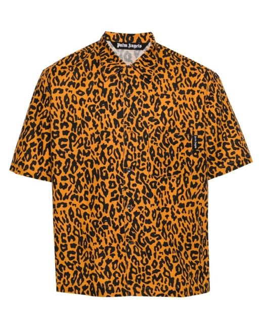 Palm Angels Brown Leopard-Print Poplin Shirt for men