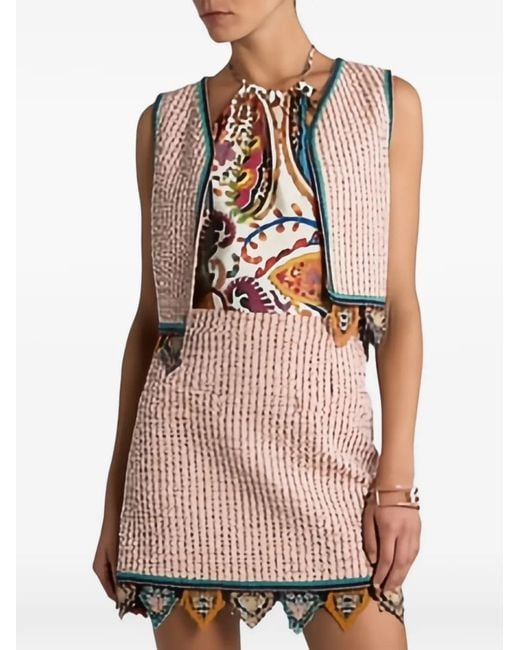 Etro Pink Cropped Jacquard Waistcoat With Tweed Effect, Fringing And Check Motif