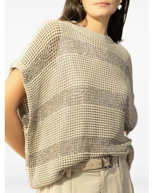 Brunello Cucinelli White Stripe-Pattern Crew-Neck Top