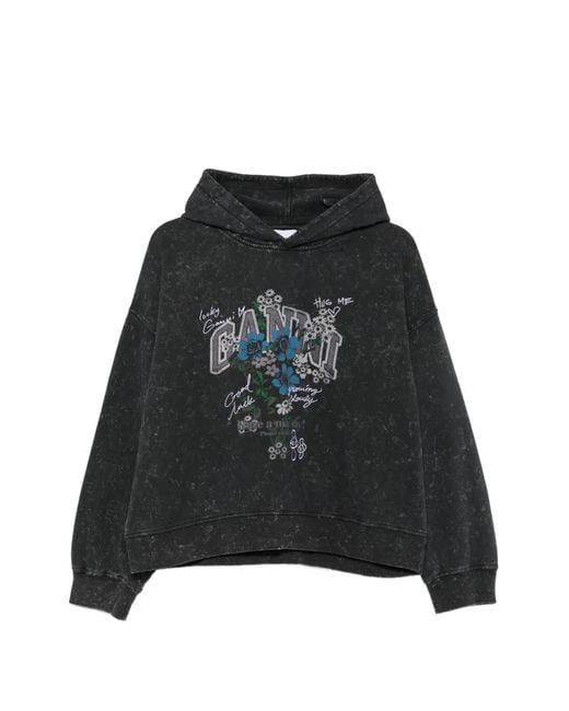 Ganni Black Graphic-Print Acid-Wash Hoodie