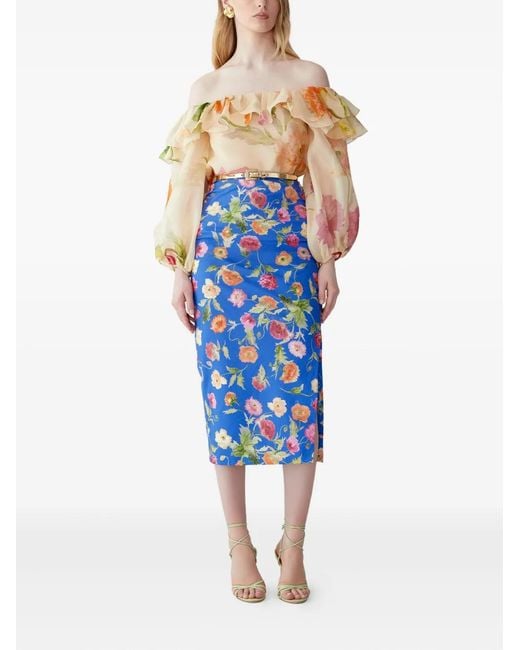 Carolina Herrera Natural Poppy-Print Organza Puff Sleeve Top