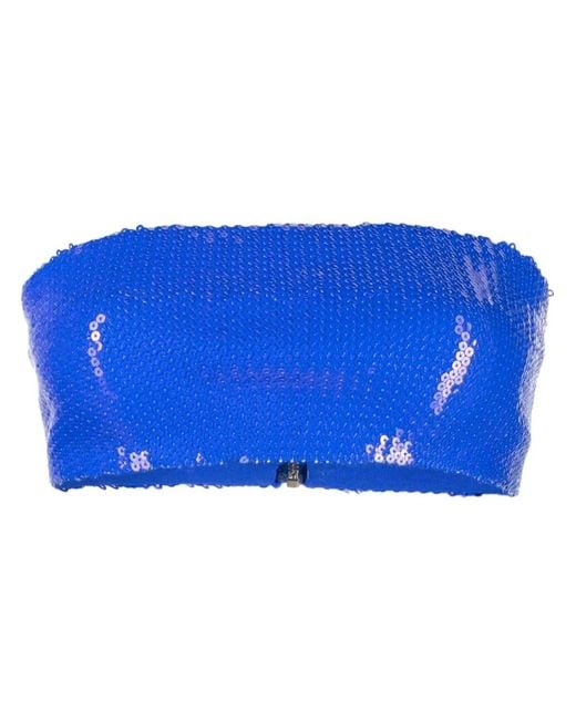 David Koma Blue Sequin-Embellished Strapless Crop Top