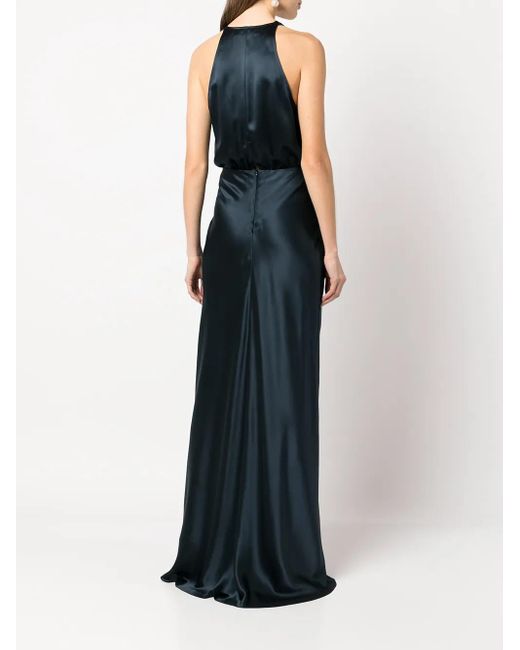 Michelle Mason Blue Draped-Detail Halterneck Gown