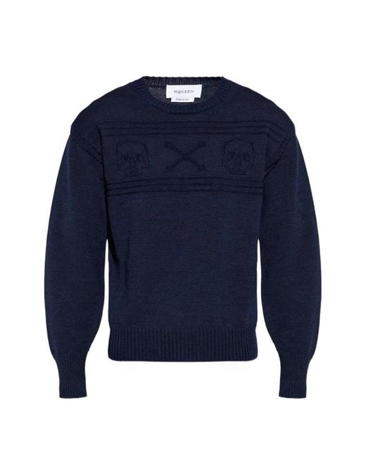 McQueen Blue Skull-Intarsia Wool Sweater for men