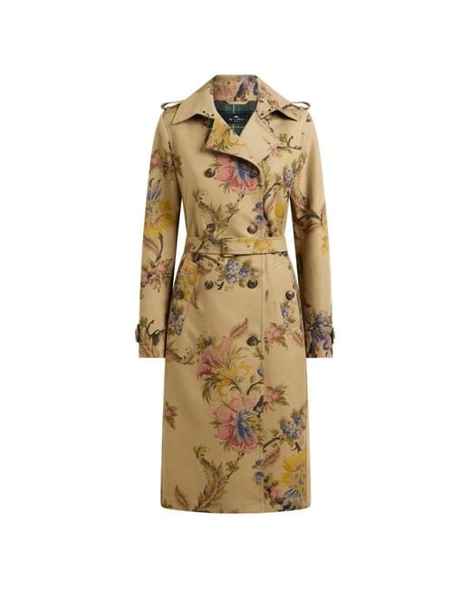 Etro Metallic Cotton Gabardine Trench Coat With Floral Motif
